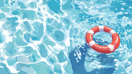 High-angle, close-up view of a red and white life preserver floating on the surface of blue water. The water is textured with visible ripples and light reflections. The life preserver is centrally