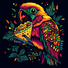 Fototapeta premium Vibrant parrot enjoying a festive taco during Dia de los Muertos celebration