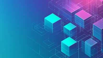 Fototapeta premium Isometric geometric shapes and lines over a sleek gradient from indigo to turquoise. Useful for cloud computing or SaaS marketing