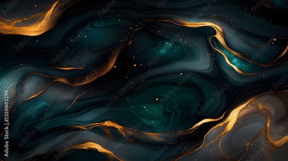 Poster dark swirling abstract fluid background with golden metallic wave patterns