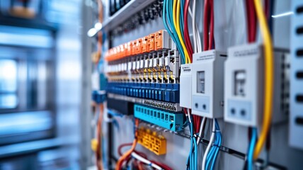 Detailed view of colorful electrical wiring and circuit breakers in an industrial panel. Low-voltage energy equipment
