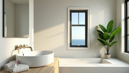 Bright bathroom with large mirror, white vessel sink, potted plant, window view, spacious, greenery, clean
