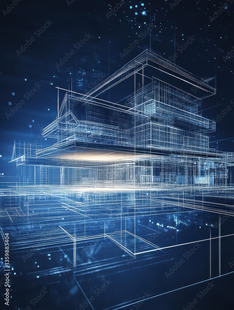 Poster 3d blueprint of a building over a digital background, futuristic design concept.