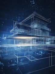 3D blueprint of a building over a digital background, futuristic design concept.