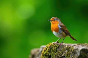 Fototapeta premium Close-up of a robin perched on a moss-covered rock, vibrant green foliage in background, vivid, sitting