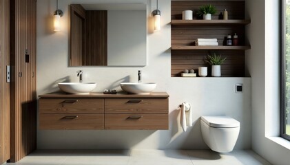 Dark wood vanity, floating shelves, slatted accent wall, toilet , wood slat wall, grey