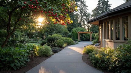 Obraz premium Cherry tree bears vibrant red cherries in an outdoor garden, with green foliage and a wooden structure enhancing the landscape