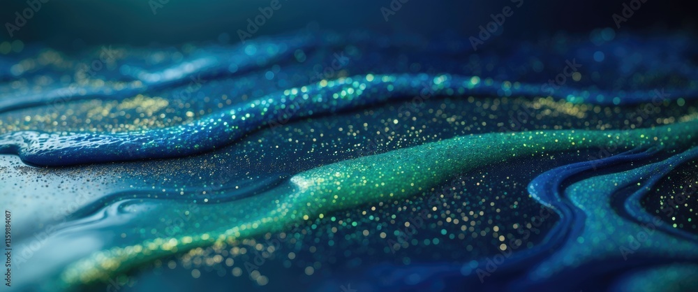 Poster various stains and spills of particles in blue fluid with green hues. dust particles and a smooth de