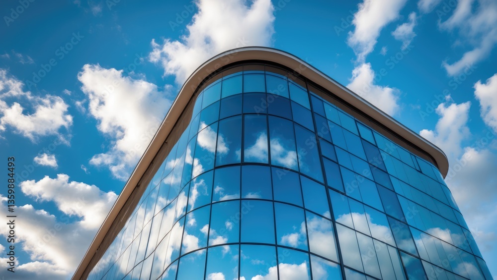 Poster architecture features of modern building with glass facades. reflections in curved windows.