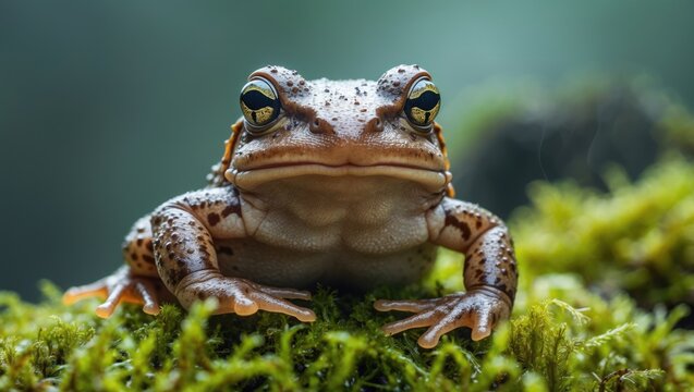 A megophrys nasuta toad prominently featured on lush green moss.