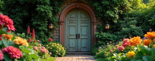 Intricate, oversized door frame in whimsical garden , secret, mystery