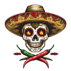 A vibrant skull wearing a sombrero surrounded by flames and chili peppers for a striking design