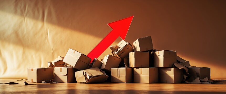 A stack of cardboard boxes accompanied by a red arrow pointing downwards. The decrease in production and economic slump. Falling consumer demand, reduced exports or imports.