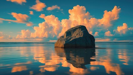 A stone in the water on a beach expanse with stunning clouds mirrored in it, orange sky highlighted with a softly blurred depth of field, rock.