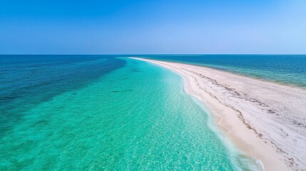 Aerial view of a pristine white sandbar separating turquoise ocean waters under a vibrant blue sky.