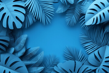Minimal tropical background with blue paper-style palm leaves framing a central space, perfect for summer designs, banners, and creative layouts.