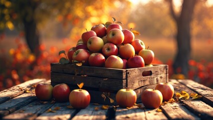 Apples in a wooden crate on a table during sunset - autumn and harvest theme.