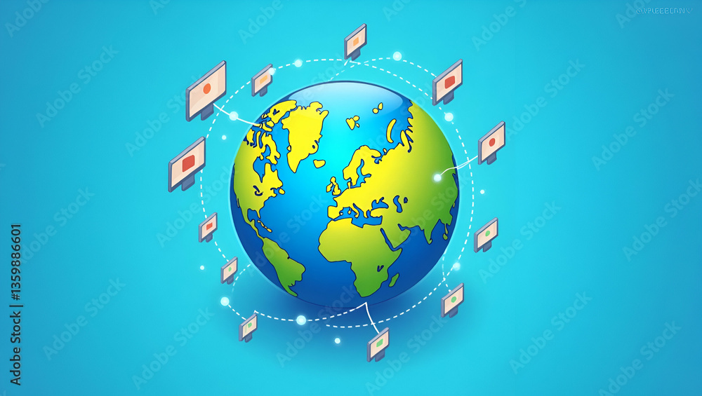 Poster flat global network globe clipart showcasing interconnected digital pathways in flat art simple 2d c