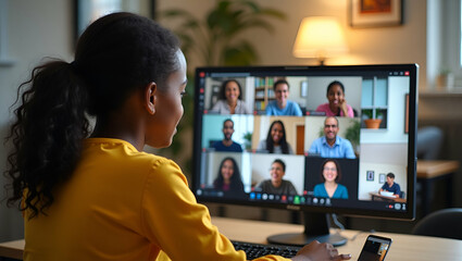 African teen school girl college student distance learning during virtual distance class online lesson on video conference call with teacher and classmates group on computer screen studying at home. c