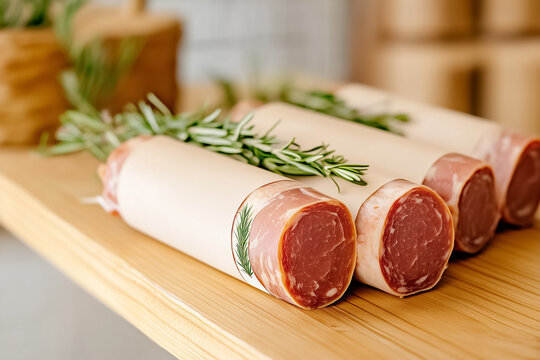 Artisanal meats neatly arranged on rustic wooden table with rosemary accents. Clean, inviting atmosphere perfect for gourmet food settings. Concept of culinary craftsmanship, deli, gourmet food
