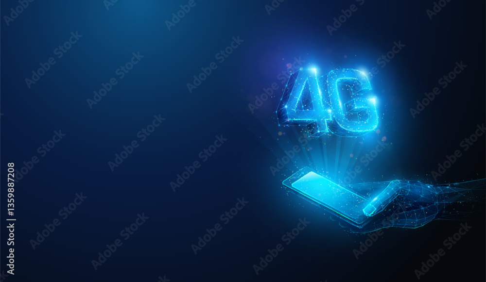 Poster low poly 4g mobile network over smartphone in hand. abstract geometric illustration on fourth genera