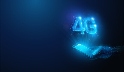 Low Poly 4G Mobile Network over Smartphone in Hand. Abstract geometric illustration on fourth generation wireless communication hardware technology concept by wireframe mesh on blue background