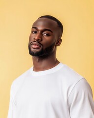 Obraz premium Portrait of a handsome African man in a white t-shirt, against a solid yellow background