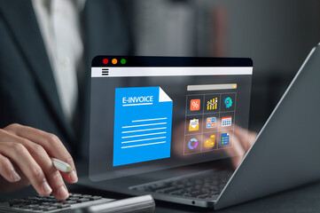 E-invoice and online digital statements concept. Businessman working with digital invoice...