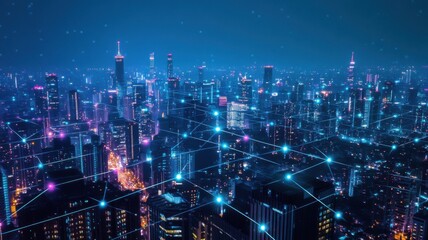 Futuristic smart city skyline at night with glowing network grid in blue and pink tones. Low-voltage energy equipment