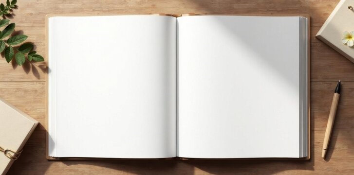 Modern open vertical photo album layout with plain white paper background and a modern wood cover , paper, wood