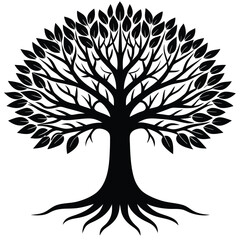 Obraz premium Silhouette Round Tree With Dense Leaves, Branches and Roots on White