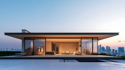 Fototapeta premium Modern minimalist home with a flat roof, open-plan living area, and large windows framing a city skyline,