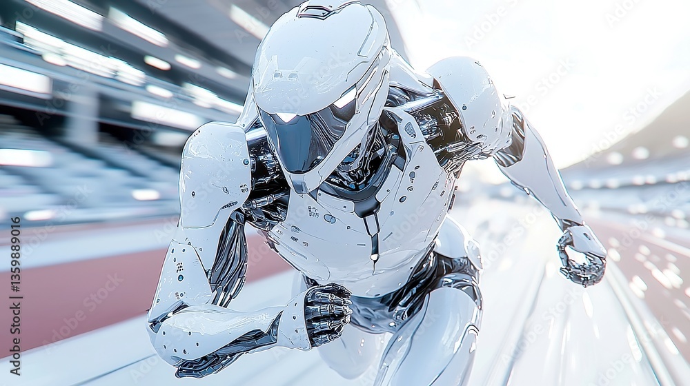 Poster futuristic robot sprinter showcasing a humanoid robot in dynamic motion, sleek gray-white armor, int