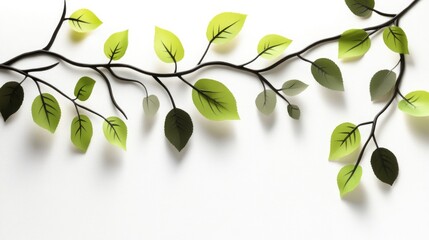 Obraz premium Green paper leaves on a branch create a serene composition against a white background, ideal for nature themes
