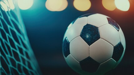 A close-up of a soccer ball approaching the goal, illuminated by soft, colorful lights, capturing the excitement of a game.