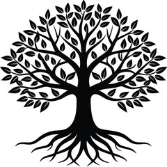 Obraz premium Silhouette Tree of Life, Rooted, Branches, Leaves, Nature, Ecology, Black, Isolated