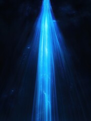 A blue light beam rises from a dark background, with streaks of light radiating outwards, creating a sense of energy and movement.