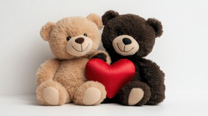 Obraz premium Two adorable teddy bears snuggle together, holding a red heart, evoking feelings of love and companionship on a clean white backdrop.