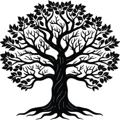 Obraz premium Silhouette Tree with Dense Foliage, Robust Trunk, and Intricate Root System Black Art