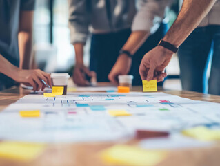 Collaborative team members engaged in customer journey mapping session, using sticky notes and diagrams to visualize ideas
