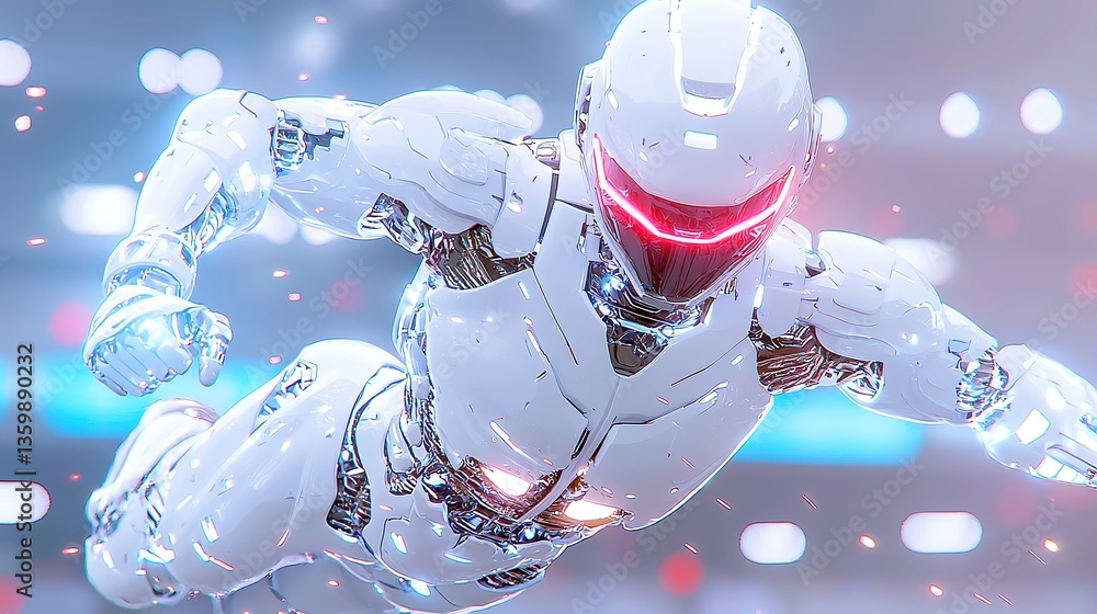 Poster futuristic robot bicycle kick, humanoid robot in sleek metallic armor executing a dynamic bicycle ki