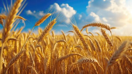 A golden grain field featuring yellow wheat and rye contrasts with a blue sky.