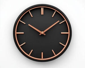 A sleek, modern black wall clock with rose gold accents, featuring minimalist hour markers and hands for a stylish timekeeping solution.