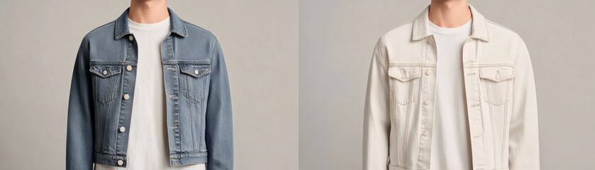 Two stylish denim jackets, one in blue and the other in white, displayed side by side on a neutral background.