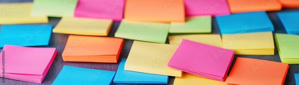 Poster a colorful array of sticky notes scattered on a surface, showcasing various vibrant hues for organiz