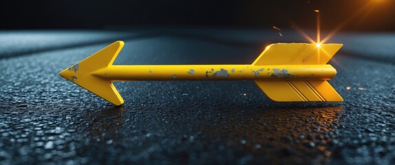 Yellow arrow on dark pavement directing forward