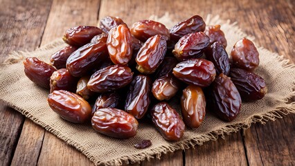Close-up a pile fresh Medjool dates burlap, atop a rustic wooden surface.