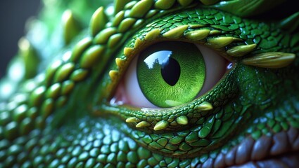 A green dragon's eye depicted in highly realistic digital detail.