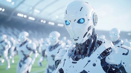 Futuristic Robotic Soccer Team in Tactical Formation, humanoid robots with intricate armor on a vibrant soccer field, dynamic lighting, blurred stadium backdrop highlighting strategy and teamwork.