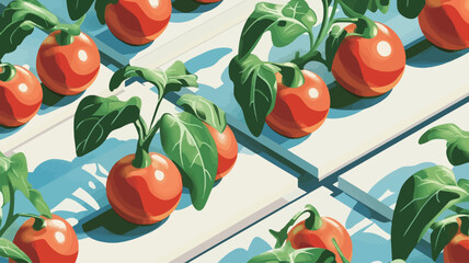 The image is a stylized illustration or digital painting depicting numerous small, red tomatoes arranged on a white, geometric surface. The tomatoes are depicted with a high level of detail,
